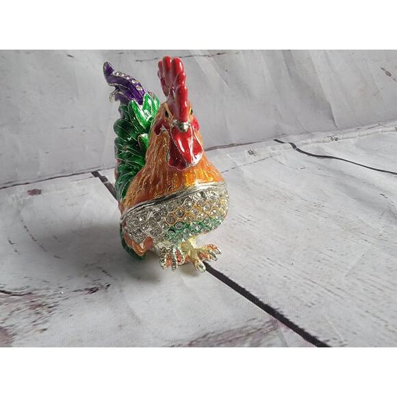 Rooster Enamel Rhinestone Crystal Hinged Trinket Box - Picture 3 of 10